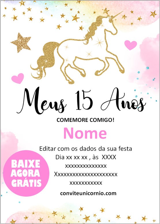 convite 15 anos unicornio