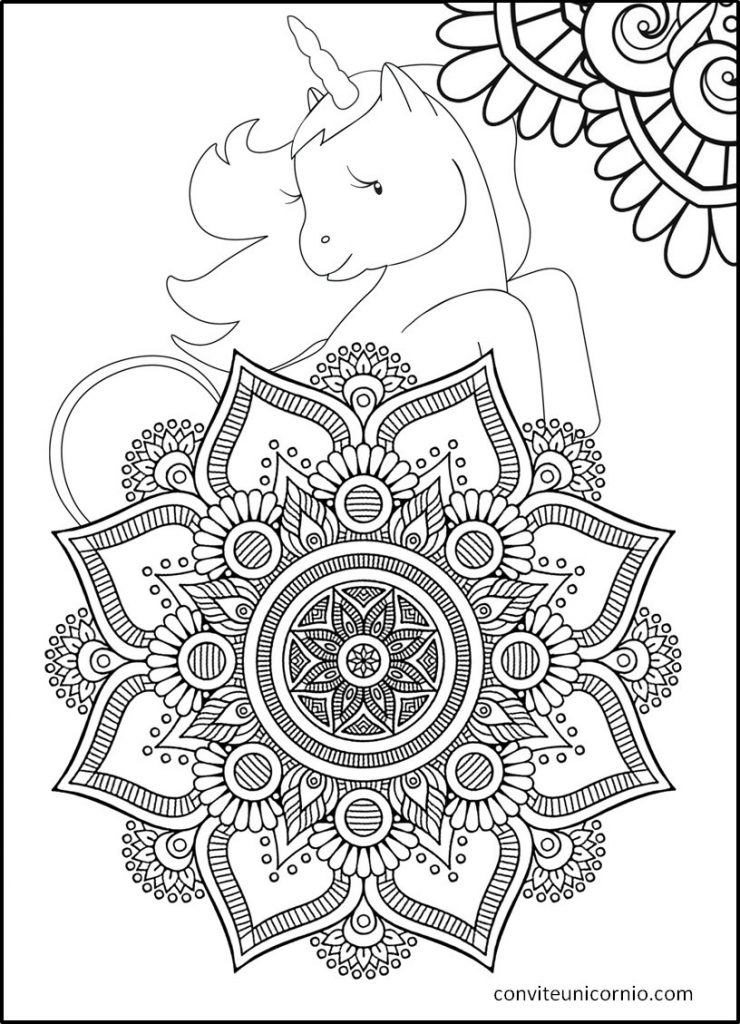 Desenho de mandala de unicórnio para colorir