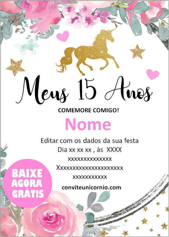 convite aniversário 15 anos unicórnio