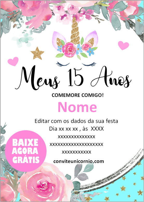 convite elegante 15 anos unicórnio
