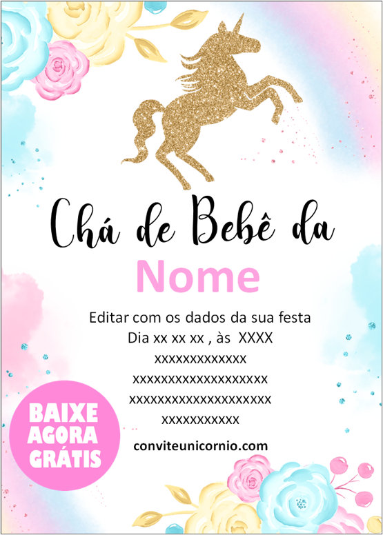 convite chá de bebê unicórnio personalizado
