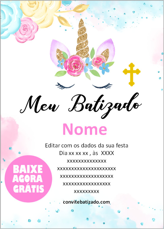 convite de batizado unicórnio grátis