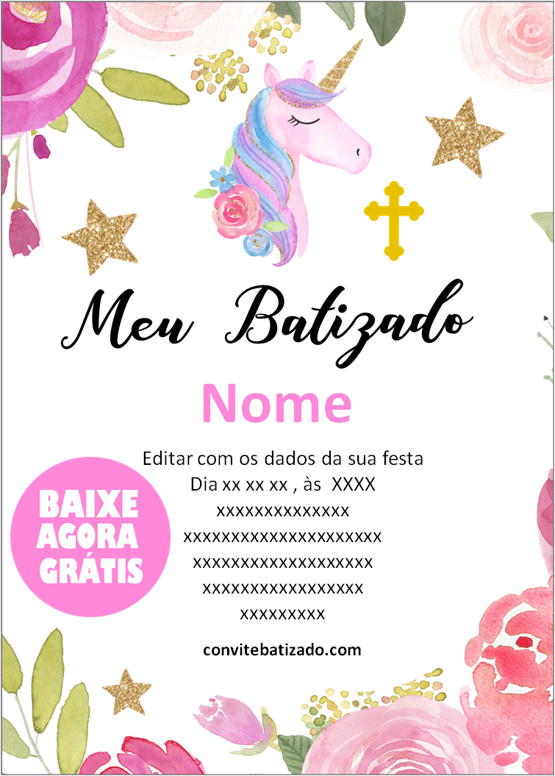 convite infantil batizado unicórnio
