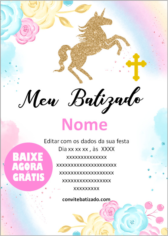 convite batizado unicórnio para imprimir