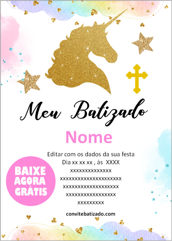 convite de batizado unicórnio grátis