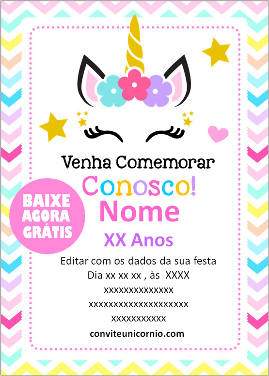 convite de aniversário com tema unicórnio
