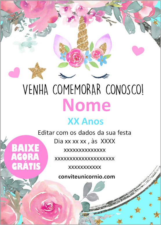 convite de aniversario infantil de unicornio