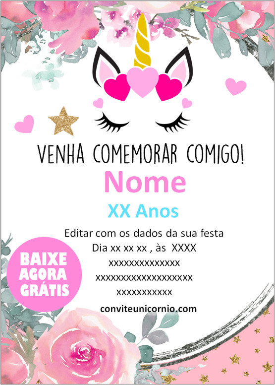 convite unicornio editavel gratis