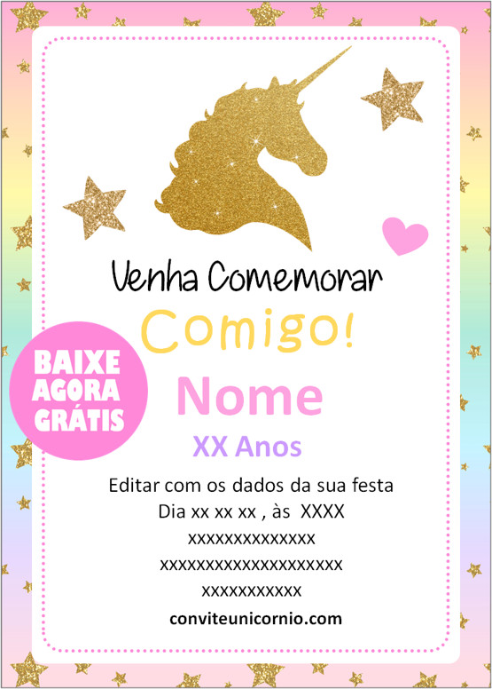 convite unicornio gratis para editar
