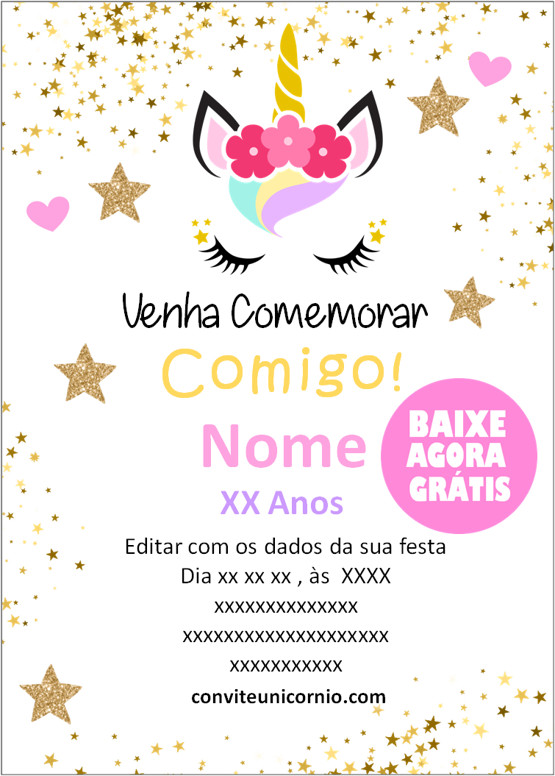 convite de aniversario unicornio editavel