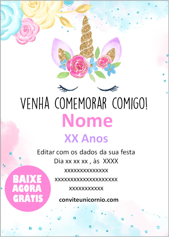 convite de aniversário unicórnio para editar grátis