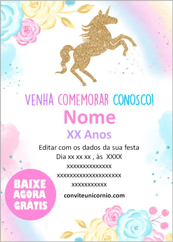 convite de aniversário unicórnio gratis