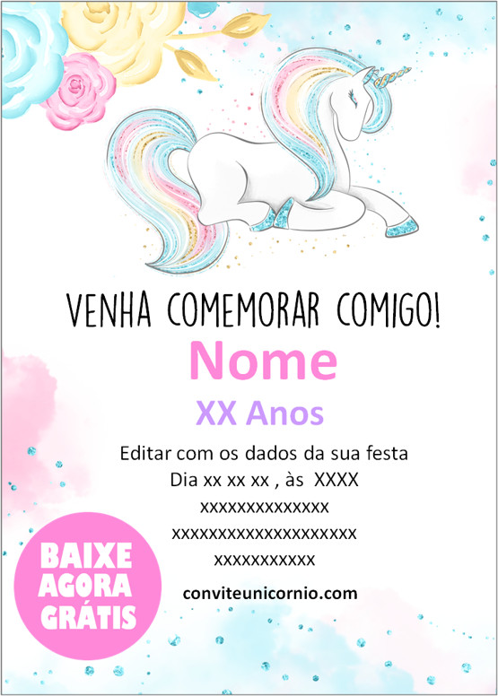 convite de aniversário virtual unicornio