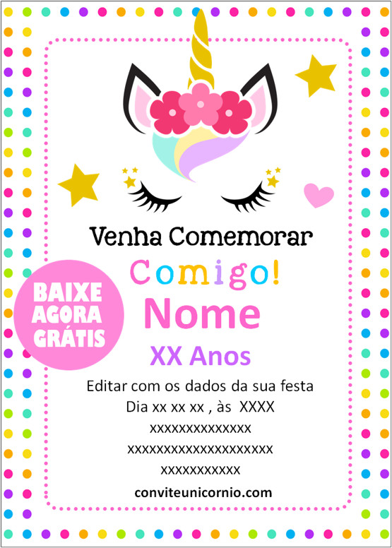 convite de unicórnio para imprimir
